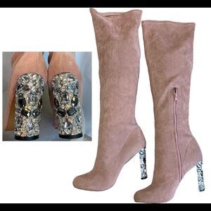 Faux Suede Over Knee Boots Rhinestone Block High Heel Stretch Thigh Boot pink 🔥